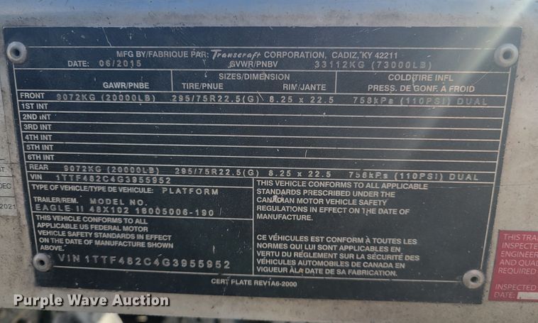 image for item HK9297 2016 Transcraft Eagle II  flatbed trailer