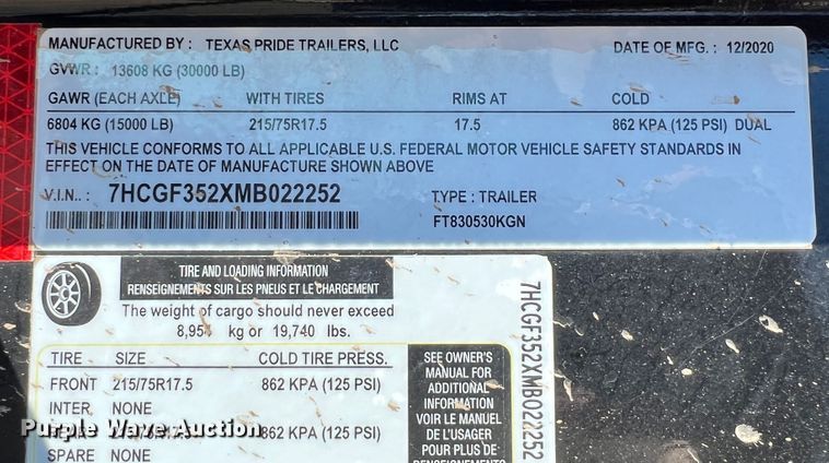 image for item ID9726 2021 Texas Pride  equipment trailer