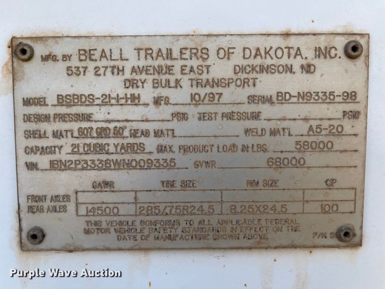image for item IJ9695 1998 Beall BSBDS-21-1-HH  bottom dump trailer