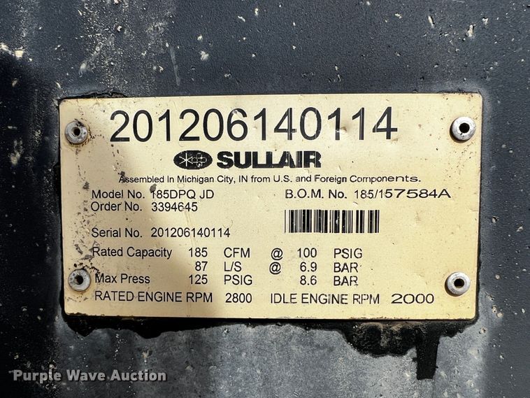 image for item JH9396 Sullair 185  air compressor