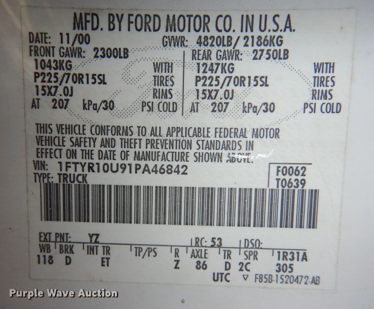 image for item JJ9333 2001 Ford Ranger  pickup truck