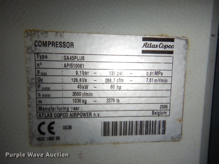 image for item JJ9346 2006 Atlas Copco GA 45 plus  air compressor