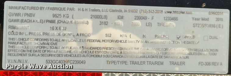 image for item KG9678 2015 H&H GC403  enclosed cargo trailer