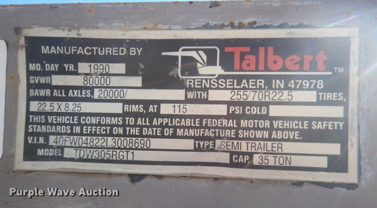 image for item DJ1275 1990 Talbert TDW305RGT1  lowboy equipment trailer