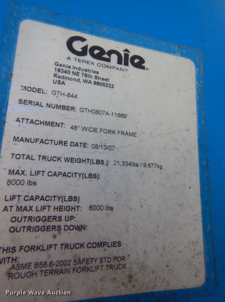 image for item DM5353 2007 Genie GTH-844  telehandler