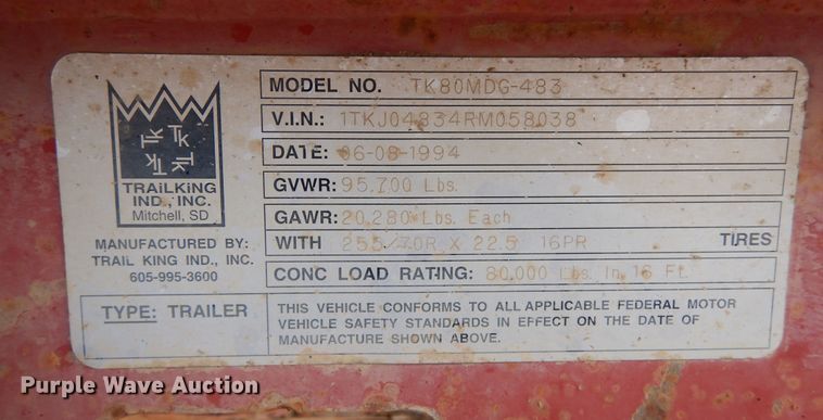 image for item DR1095 1994 Trail King TK80MDG483  lowboy equipment trailer