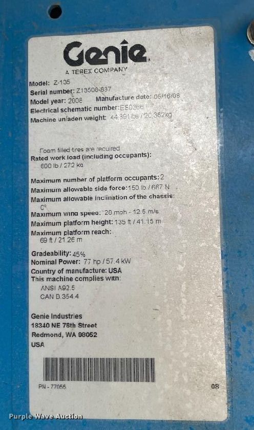 image for item DR1106 2008 Genie Z-135  boom lift