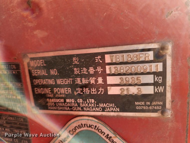 image for item JG9198 2013 Takeuchi TB138FR  mini excavator