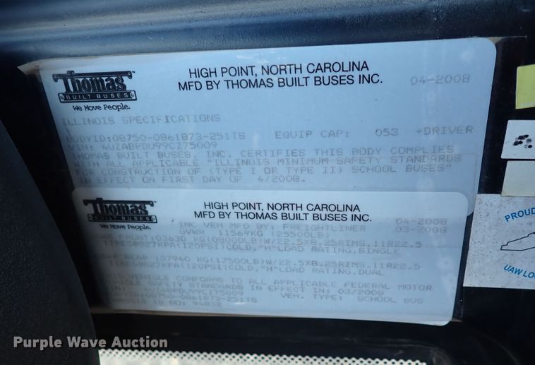 image for item JO9744 2009 Freightliner B2 Thomas Built  school bus