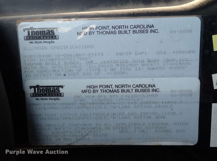 image for item JO9745 2009 Freightliner B2 Thomas Built  school bus