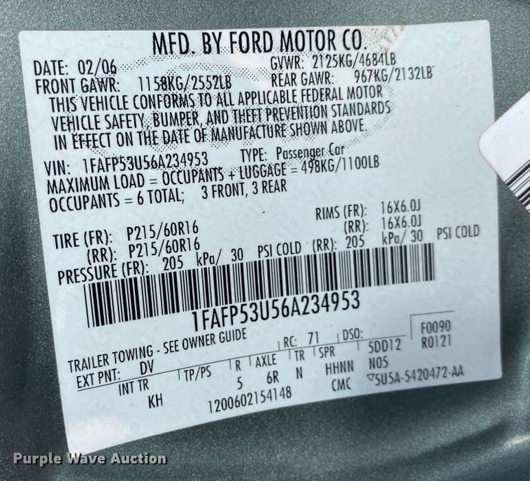 image for item KE9376 2006 Ford Taurus SE
