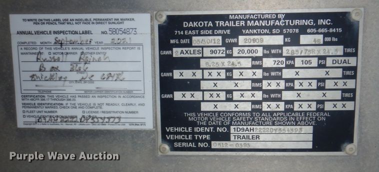 image for item DN7258 2013 Dakota 2200 AHT  grain trailer