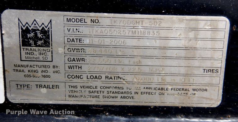 image for item DN1319 2007 Trail King TK70DGHT-502  lowboy equipment trailer