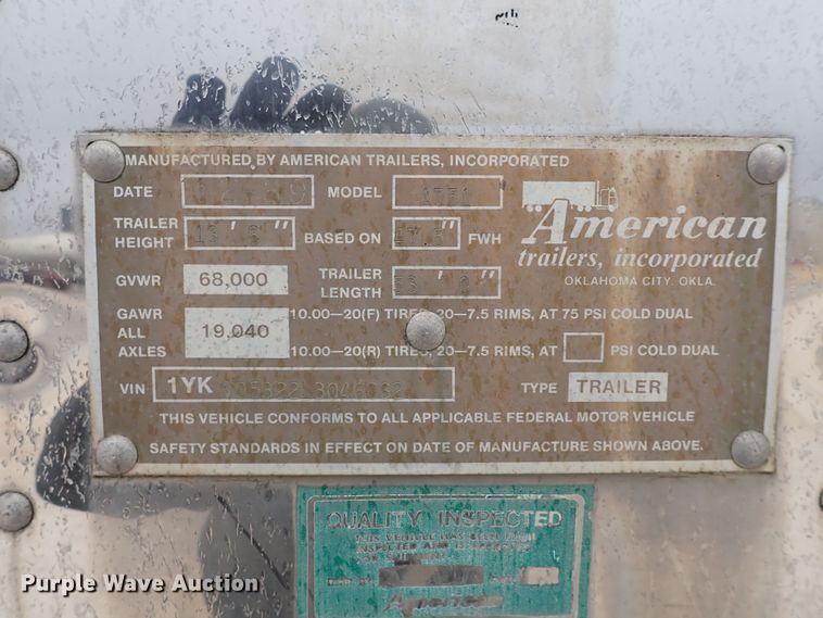 image for item JO9737 1990 American Trailer Inc A751  dry van trailer