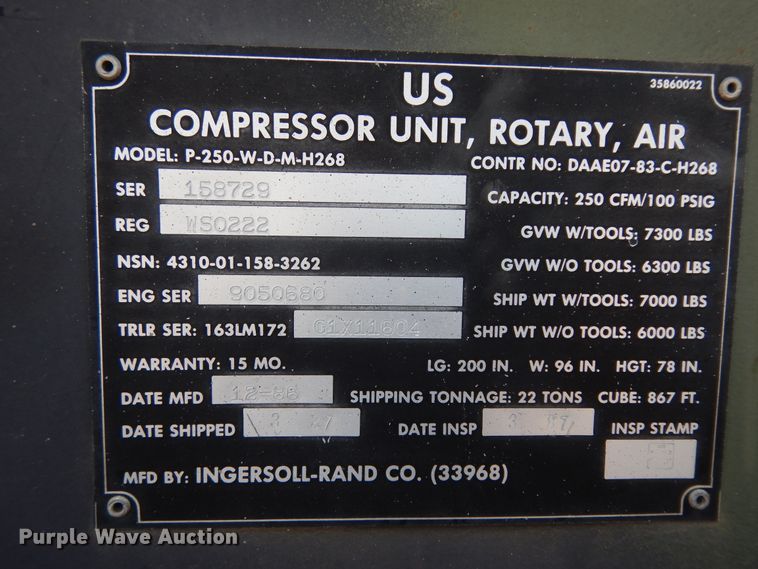 image for item DI8627 1987 Ingersoll Rand P-250-W-D-M-H268  air compressor