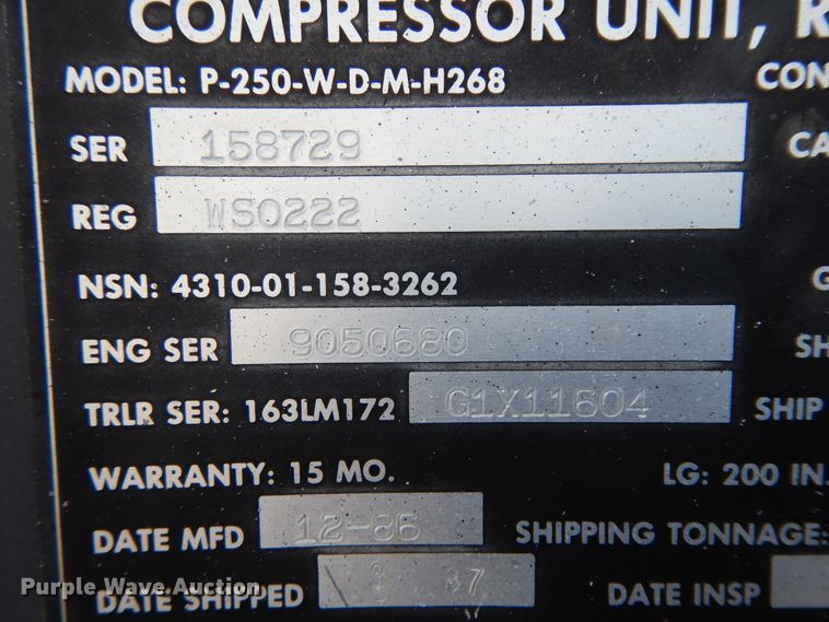 image for item DI8627 1987 Ingersoll Rand P-250-W-D-M-H268  air compressor