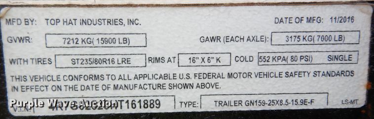 image for item DI8716 2017 Top Hat GN159-25X8.5-15.9E-F  equipment trailer