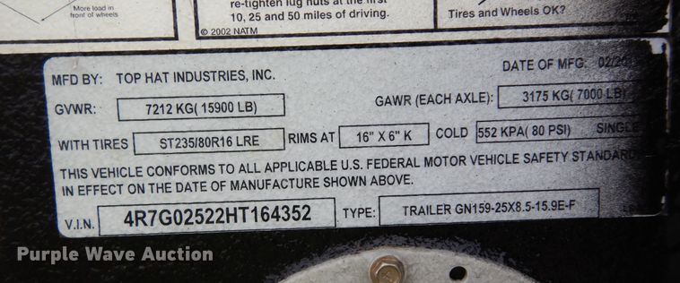 image for item DI8717 2017 Top Hat GN159-25X8.5-15.9E-F  equipment trailer