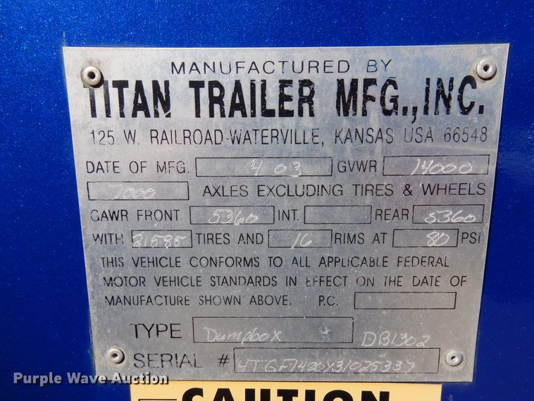 image for item DR1117 2003 Titan  dump trailer