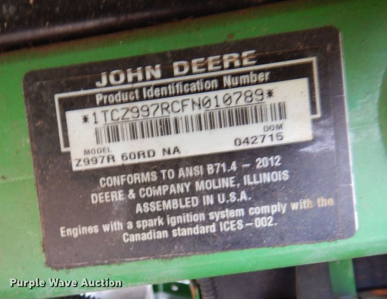 image for item EY9796 2015 John Deere Z997R  ZTR lawn mower