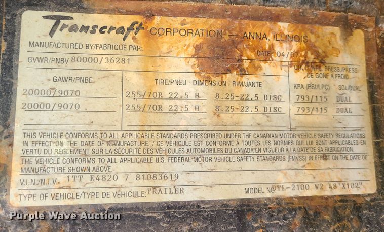 image for item IF9333 2008 Transcraft DTL-2100  drop deck trailer