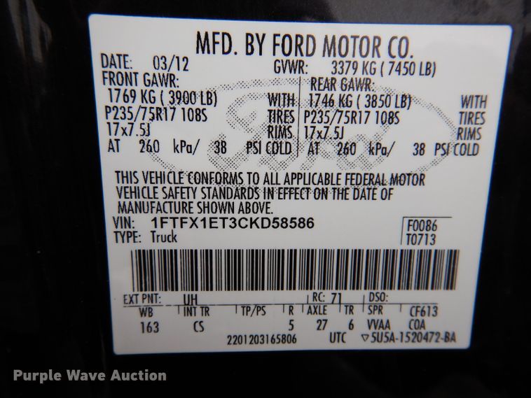 image for item JK9534 2012 Ford F150  SuperCab pickup truck