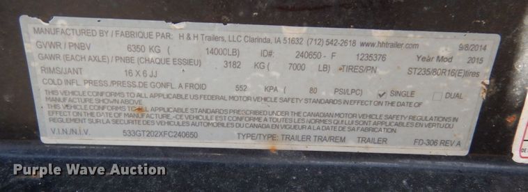 image for item JK9773 2015 H&H  utility trailer