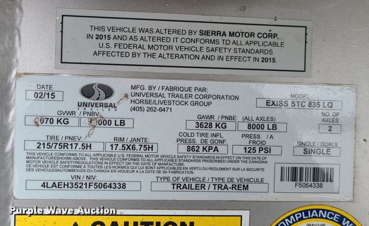 image for item KG9617 2015 Universal Exiss STC835 LG  livestock trailer