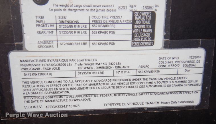 image for item DK0262 2018 Load Trail  equipment trailer