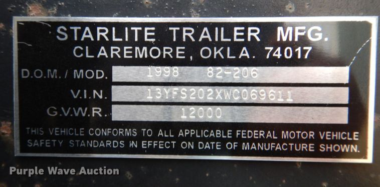 image for item DN1289 1998 Starlite 82-206  equipment trailer
