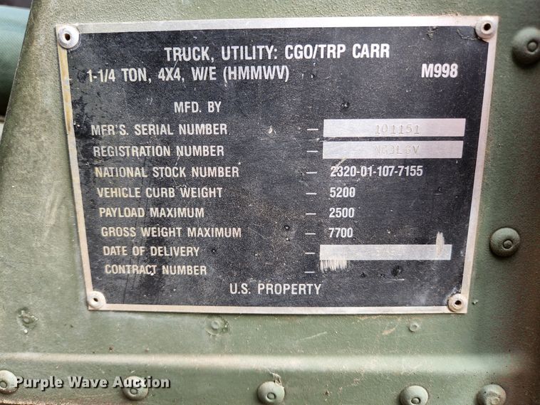 image for item JG9193 1990 Am General M998 Humvee  SUV