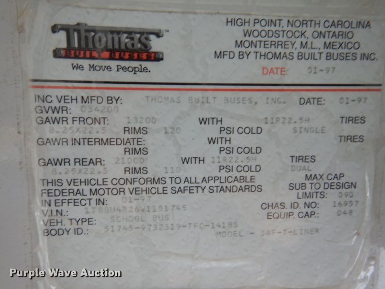 image for item JJ9848 1997 Thomas Built Saf-T-Liner MVP  school bus