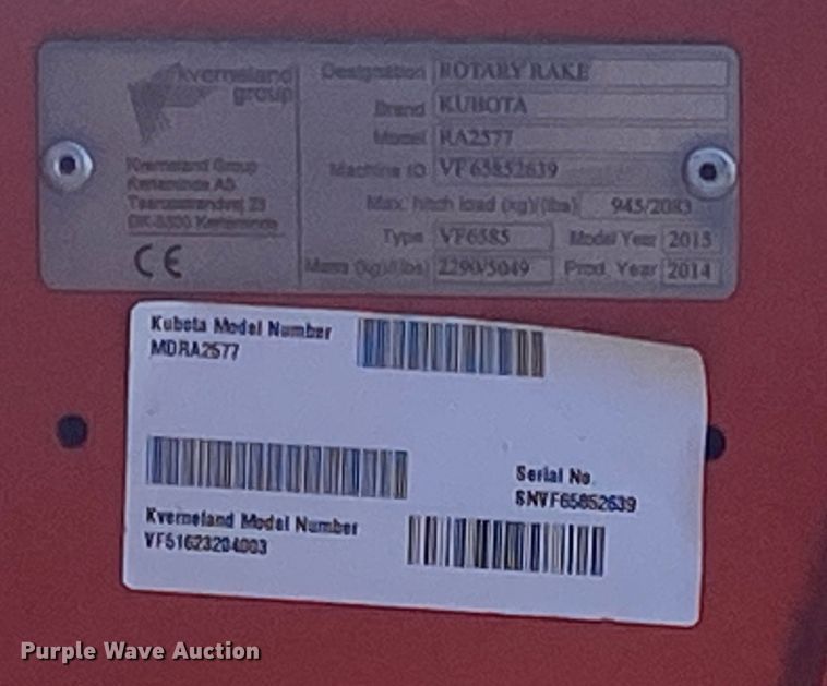 image for item DL6985 2014 Kubota RA2577  rotary hay rake