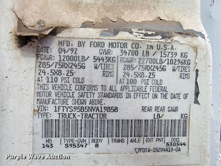 image for item JE9933 1992 Ford Aeromax I9000  semi truck