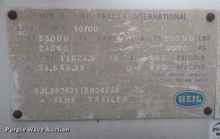 image for item JN9242 2001 Heil 99-0-1568  pneumatic dry bulk trailer