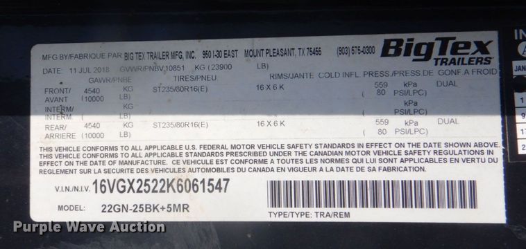 image for item DI8723 2019 Big Tex  equipment trailer