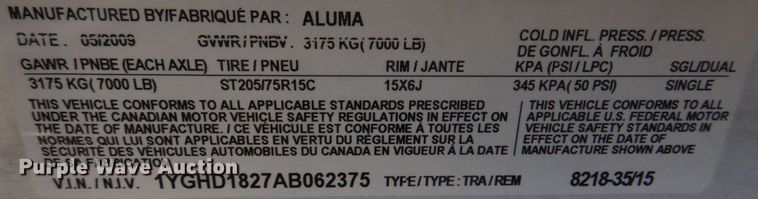 image for item IM9688 2010 Aluma  utility trailer