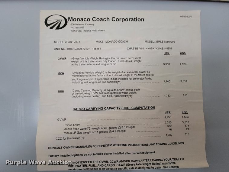 image for item JE9941 2004 Monaco Starwood  camper