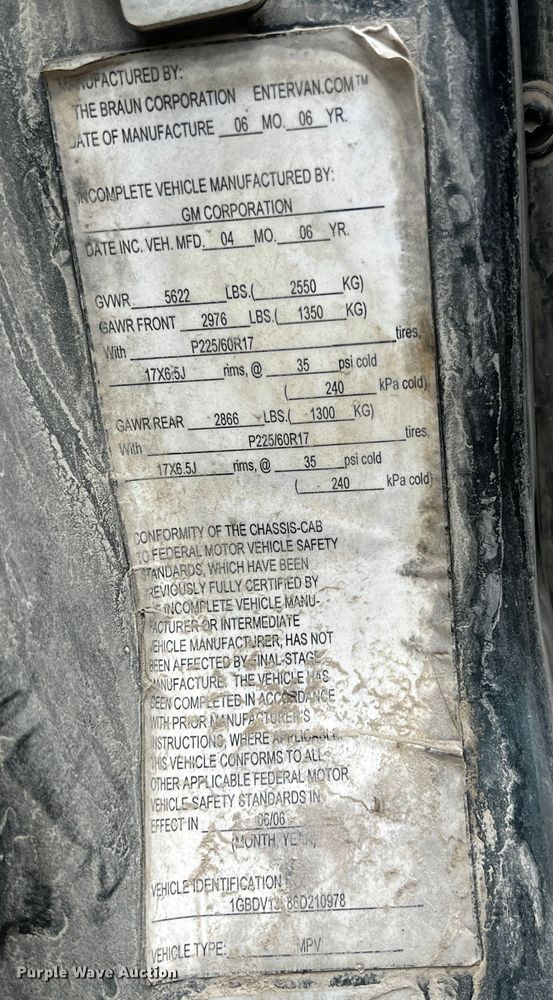 image for item JH9287 2006 Chevrolet Uplander  handicap accessible van