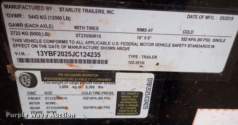 image for item JO9635 2018 Starlite  equipment trailer