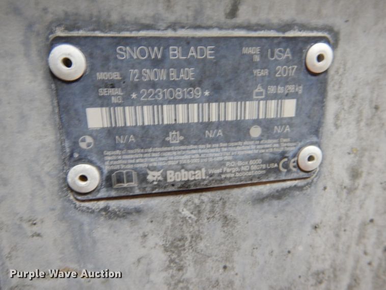 image for item LJ9806 2017 Bobcat 72" W skid steer snow plow