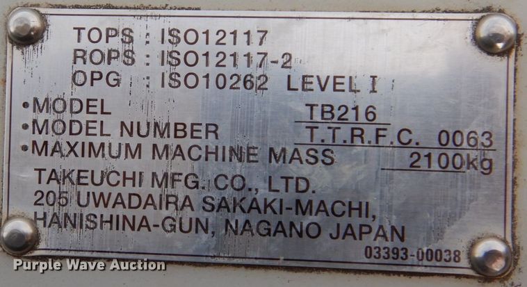 image for item DL3734 2014 Takeuchi TB216  mini excavator