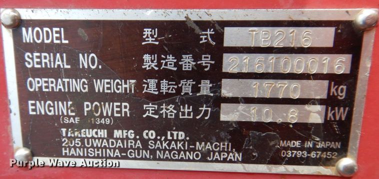 image for item DL3734 2014 Takeuchi TB216  mini excavator