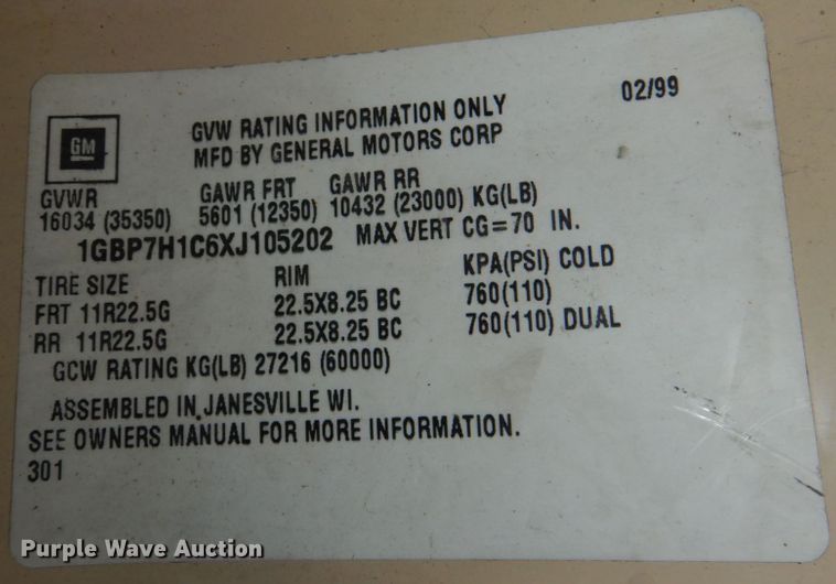 image for item DN7279 1999 Chevrolet C8500  dump truck