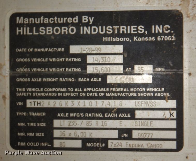 image for item DN7298 1999 Hillsboro Endura  enclosed cargo trailer