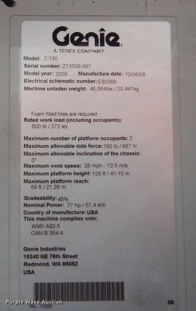 image for item DN7305 2009 Genie Z135  boom lift