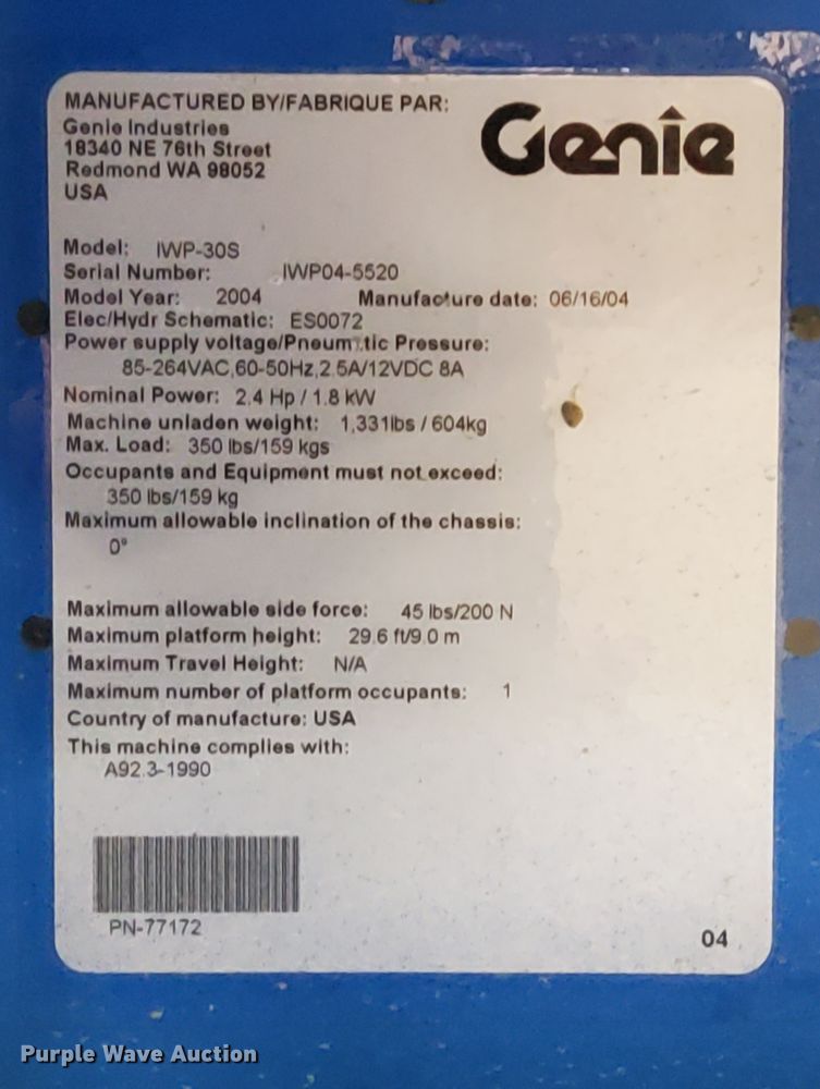 image for item FB9779 2004 Genie IWP-30S  vertical lift