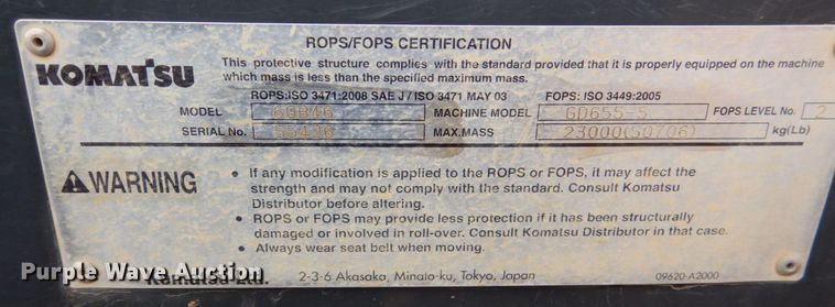 image for item JS9612 2012 Komatsu GD655-5  motor grader