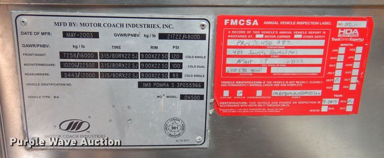 image for item DK4358 2003 MCI D4500  coach bus