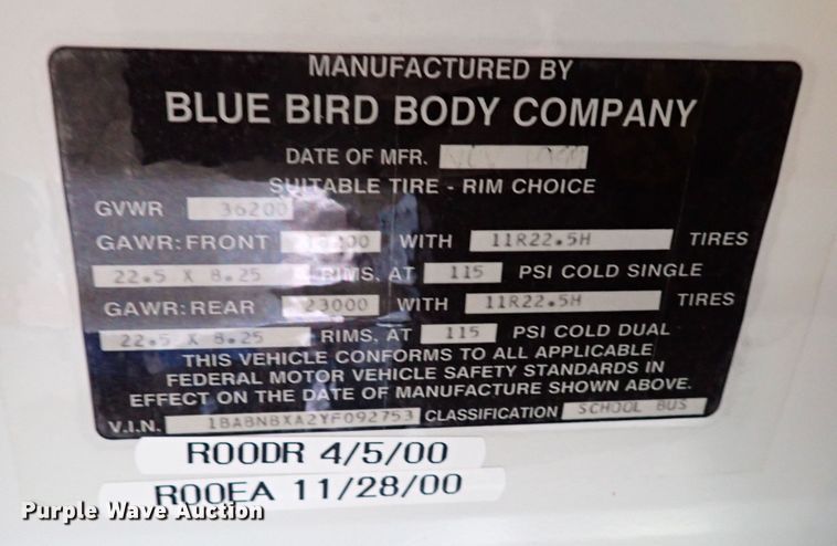 image for item JO9628 2000 Blue Bird All American  school bus